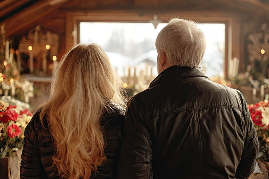 A elderly couple stands together, gazing out through a window, surrounded by floral arrangements and warm lighting, suggesting a moment of reflection and connection.