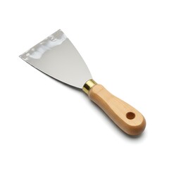 Close-up of a putty knife with a wooden handle, isolated on white