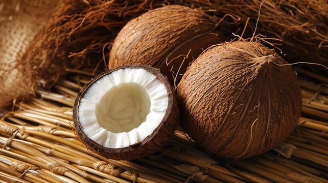 Close-up of fresh coconuts, one cut in half, with fibrous husks on rustic mat
