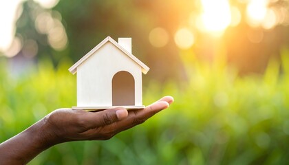 A wooden house miniature is held up in the open palm of a person against a blurred green background with warm sunlight