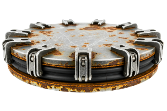 Old rusty sealed metal hatch from a submarine isolated on transparent background