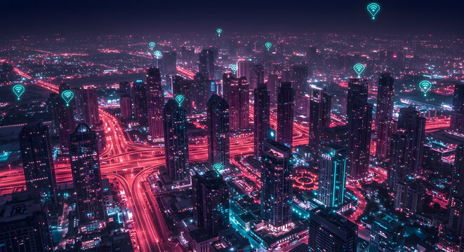 Futuristic Cityscape with Neon Lights and Digital Network Overlay.