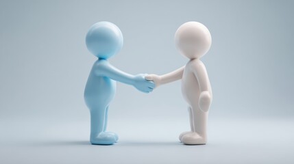Blue and White Figurines Shaking Hands on Neutral Background