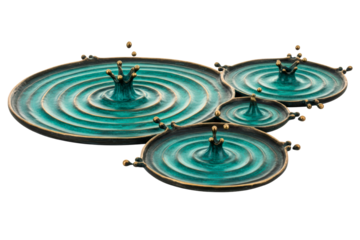 Bronze water sculpture showing ripples and splashing droplets isolated on transparent background