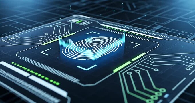 Futuristic digital circuit board with glowing elements and data processing in a tech environment - Powered by Adobe