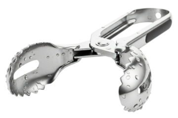 Stainless steel ice tongs with serrated jaws and water drops isolated on transparent background