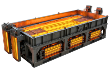Industrial furnace with glowing orange hot heating elements isolated on transparent background