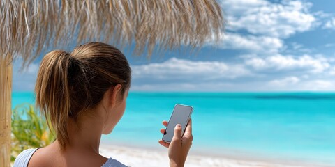 woman at tropical beach resort checking smartphone, there is an office cubicle on smartphone 