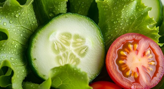 Fresh cucumber and tomato slices surrounded by green lettuce