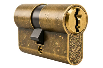 Vintage brass door lock cylinder with an ornate engraved pattern isolated on transparent background