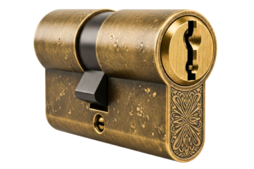 Vintage brass door lock cylinder with an ornate engraved pattern isolated on transparent background