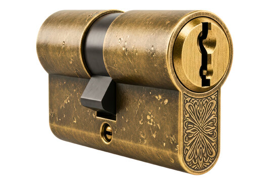 Vintage brass door lock cylinder with an ornate engraved pattern isolated on transparent background