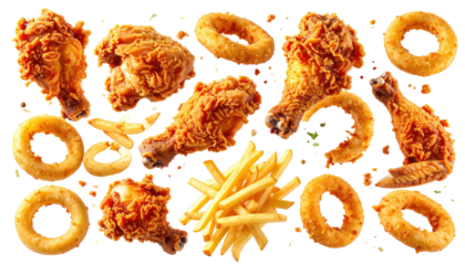 Fried chicken, onion rings, and fries, isolated