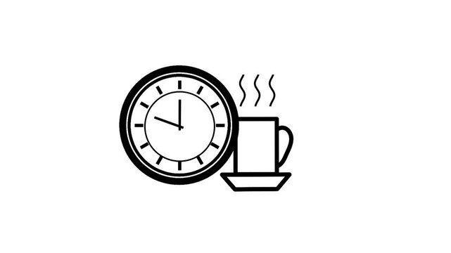 Animated black outline icon showing break time with coffee and clock symbol. Minimal dynamic design. Rest and refresh concept.