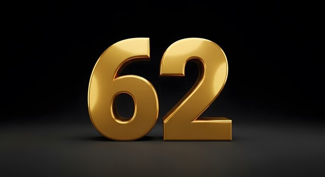 Golden number 62 isolated on black background