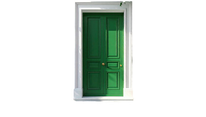Green door with white frame, centered on black background