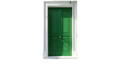 Green door with white frame, centered on black background