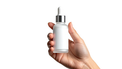 Serum in white bottle held in hand against black background