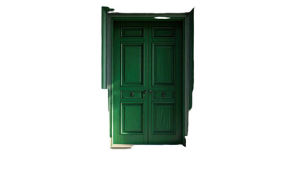 Central dark green panelled door with aged frame on black back
