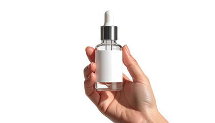 Serum bottle held against black background