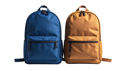 Two backpacks, one blue, one tan, side-by-side on dark background