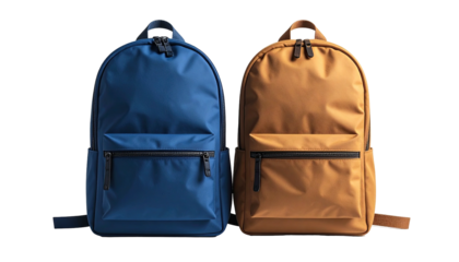 Two backpacks, one blue, one tan, side-by-side on dark background