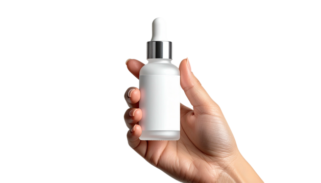 Serum in white bottle held in hand against black background