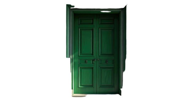 Central dark green panelled door with aged frame on black back
