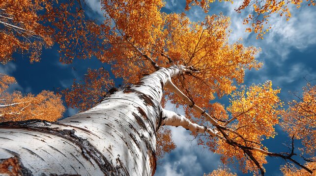 Autumn birch tree sky view wallpaper background fall foliage nature landscape scenic orange leaves season
