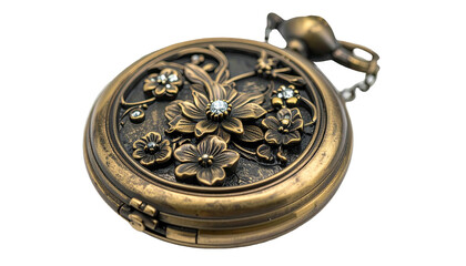 Ornate pocket watch with floral carvings on a dark background