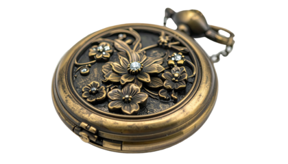 Ornate pocket watch with floral carvings on a dark background