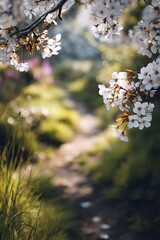 Obraz premium Beautiful cherry blossom tree flowers in spring garden nature scenic landscape photography image online