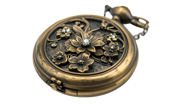 Ornate pocket watch with floral carvings on a dark background
