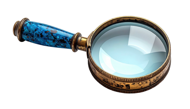 Ornate magnifying glass with blue mottled handle on black backdrop