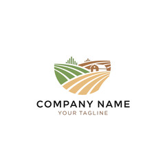 A stylized logo depicting a farm landscape with rolling hills, fields, and a barn.