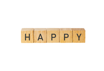 Wooden scrabble tiles spell out happy isolated on transparent background