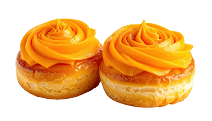 Two pastries with swirled orange frosting on golden, flaky crusts
