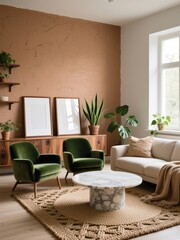 Poster frame mockup in stylish living room interior with green velvet armchairs, marble coffee table, terracotta wall, and natural light boho minimalist decor