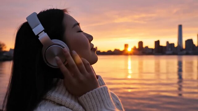Woman listening to music with headphones at sunset over water and city skyline