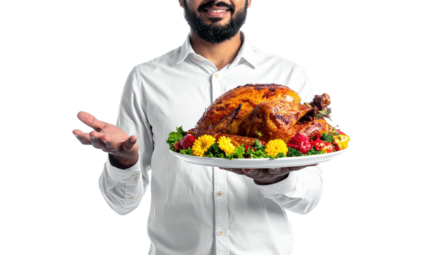Smiling man presents a plate with roasted turkey - Powered by Adobe