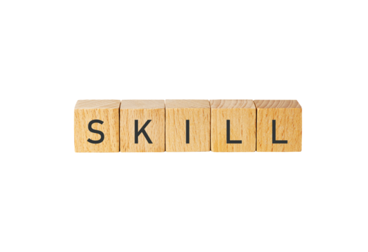 Wooden scrabble tiles spelling skill isolated on transparent background