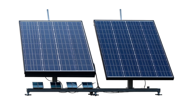 Two tilted solar panels on a stand against a black backdrop