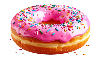 Pink frosted doughnut with multi-colored sprinkles on black