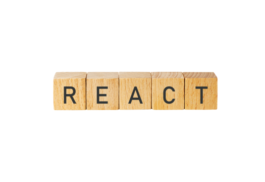 Wooden blocks spelling react isolated on transparent background