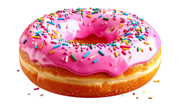 Pink frosted doughnut with multi-colored sprinkles on black