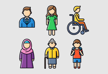 Diverse group of people icons representing different ages genders and abilities.
