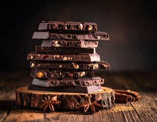 A high stack of dark chocolate nut bars on a rustic wood slice with star anise, giving a moody gourmet feel.