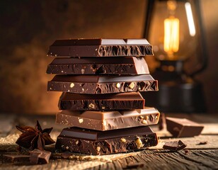 stack of dark and milk chocolate bars with nuts, rustic warm lighting and cozy dessert vibe
