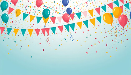 illustration of birthday celebration background with colorful flags, confetti, balloons, and ribbons, bright cheerful mood, festive design for invitation or poster