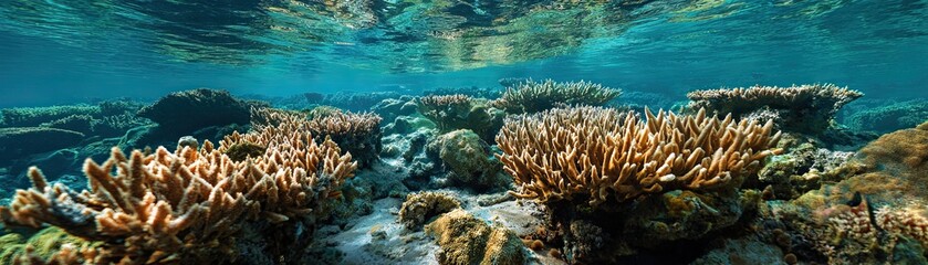 Fototapeta premium A vibrant underwater scene featuring colorful coral formations in clear blue water, showcasing the beauty of marine life and ecosystem diversity.